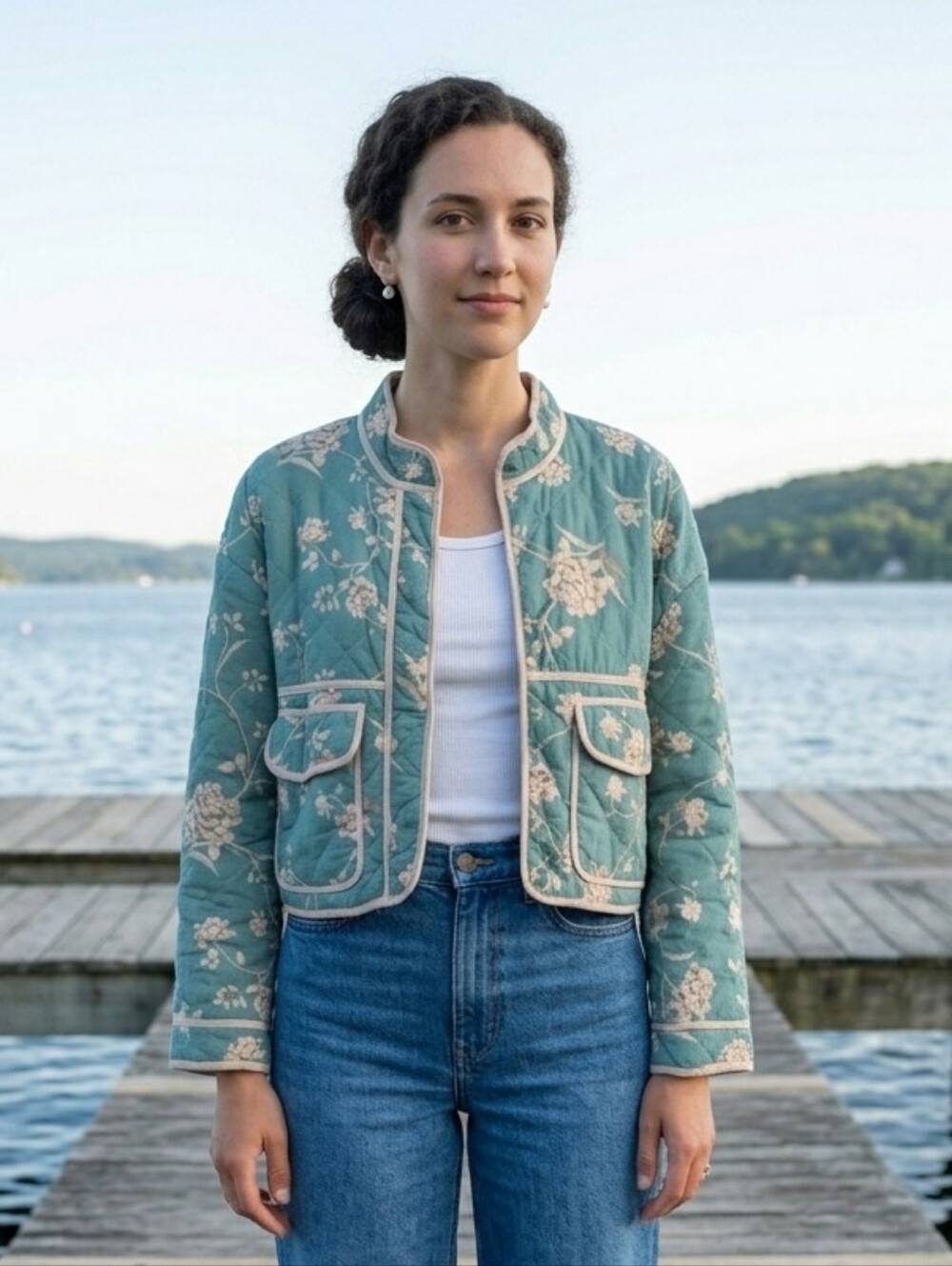 7 For All Mankind Green Floral Quilted Jacket Size L